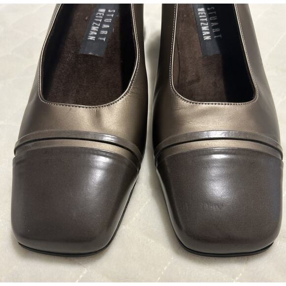 Stuart Weitzman Sz 8 B Bronze Leather Pumps Block Heels Square Toe Formal Shoes - Picture 4 of 13